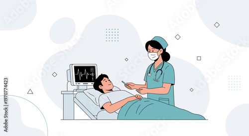 Nurse caring for patient in hospital bed with vital signs monitor