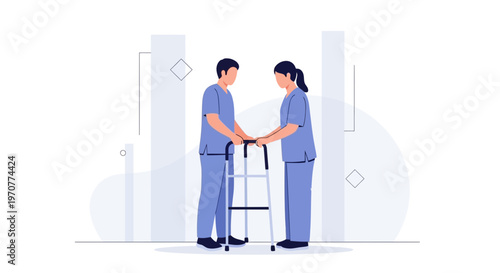 Physical Therapist Helping Patient Use Walker for Mobility Support