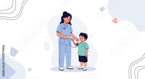 Nurse checking child's blood pressure, healthcare concept illustration