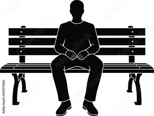 Flat vector illustration of man sitting on park bench, lonely person silhouette, outdoor urban lifestyle concept, relaxation waiting minimal icon design