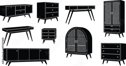 Flat vector illustration of modern furniture set, cabinets drawers tables wardrobe silhouettes, home interior decor collection minimal design icons