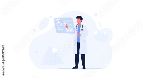 Doctor interacting with futuristic medical hologram displaying vital signs and health data