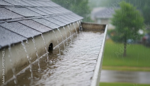Heavy rain fills and overflows a residential gutter, with water pouring off the roof shingles.