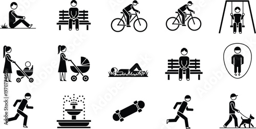 Flat vector illustration of people activity icons set, park lifestyle symbols, walking cycling sitting running stroller skateboarding recreation silhouettes