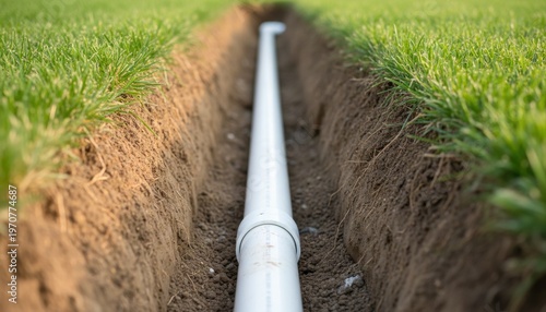 A freshly dug trench in a green lawn with a white PVC pipe laid along its length, indicating new irrigation or drainage installation.