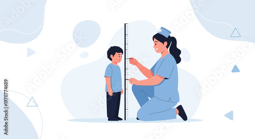 Nurse measuring height of a child with a measuring tape, healthcare concept