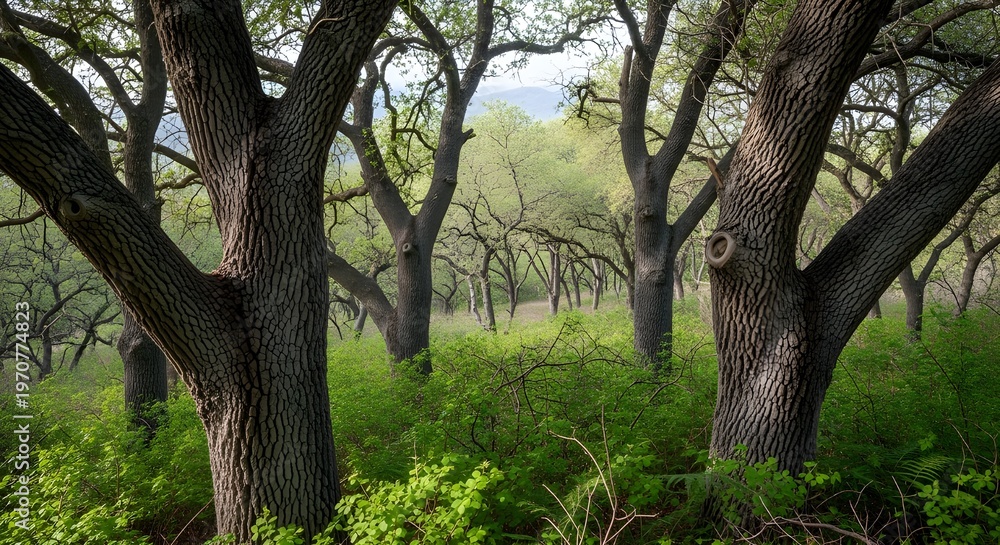 Obraz premium Ancient oak forest with gnarled tree trunks, lush green woodland landscape, mystical forest scenery with textured bark and spring foliage