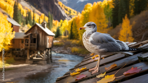 Autumn in Crystal Mill, Colorado Landscape, A young seagull is sitting on a wooden hut.