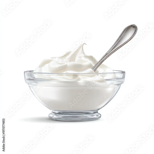 A glass bowl filled with whipped cream and a spoon