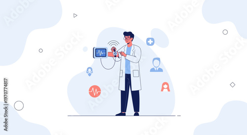 Doctor using smartwatch for medical data analysis with futuristic interface