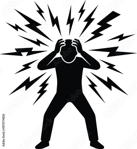 Flat vector illustration of stressed person silhouette with jagged lightning bolts around head, frustration, anxiety, tension, mental overload