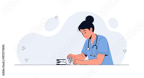 Nurse preparing medication with blood pressure monitor, illustration