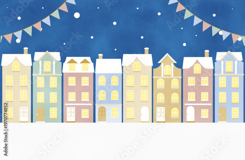 雪が降り積もるパステルカラーのヨーロッパ風タウンハウスの住宅イラスト