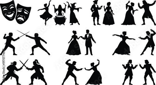 Flat vector illustration of theatrical silhouettes, drama masks, dancers, witches, sword fights, couples, performance art, comedy tragedy scene