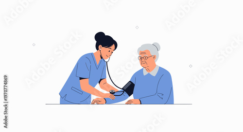 Nurse checking elderly woman's blood pressure with stethoscope and cuff, medical checkup