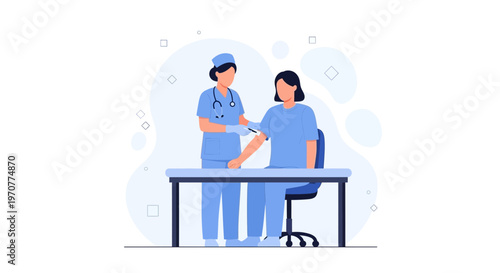 Nurse giving injection to patient sitting at table, medical illustration