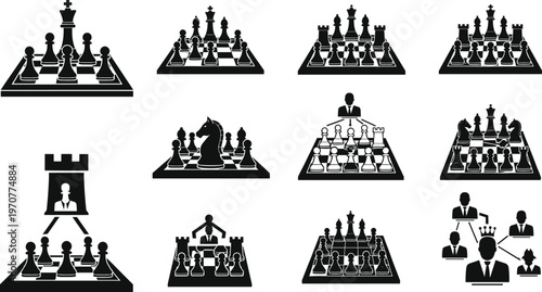 Chess Board and Pieces Icon Set with King, Queen, Rook, and Knight for Strategy, Game, and Corporate Planning Themes.