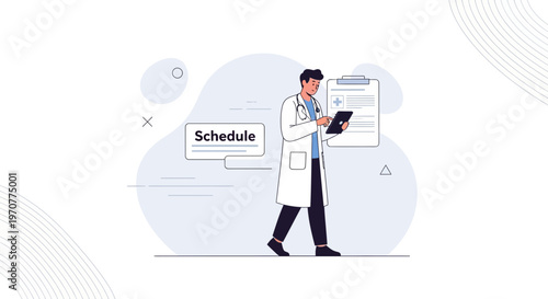 Doctor reviewing schedule on tablet, medical clipboard with cross symbol