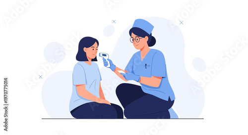 Nurse checking child's temperature with infrared thermometer, medical check-up concept