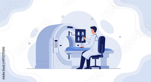 Doctor analyzing CT scan results next to MRI machine, medical technology concept