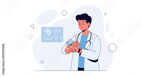 Doctor checking smartwatch with medical data on screen, modern healthcare concept