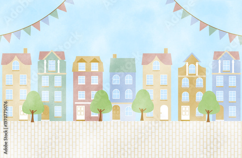 柔らかくかわいいパステルカラーの北欧風タウンハウスイラスト