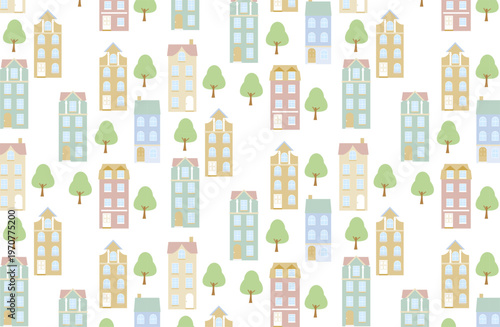パステルカラーの可愛くオシャレなヨーロッパ風のタウンハウスのパターンイラスト