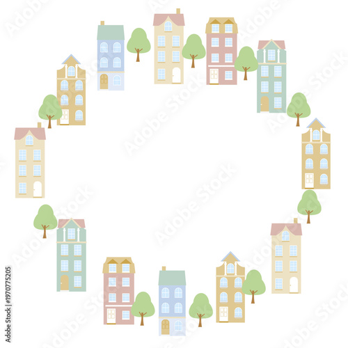 可愛いヨーロッパ風の家が並んだサークルフレーム