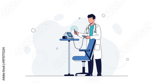 Doctor using medical device with patient chair and abstract background