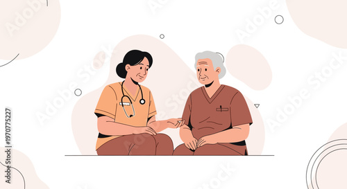 Nurse caring for elderly patient, home healthcare, medical support, compassion, illustration