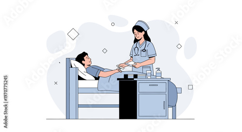Nurse Caring for Patient in Hospital Bed, Medical Care Illustration