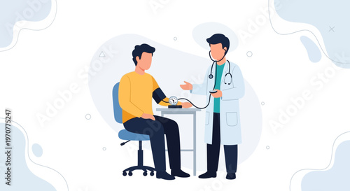 Doctor checks patient's blood pressure with stethoscope and sphygmomanometer in clinic