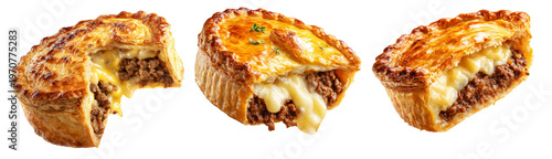 Set of mince and cheese pie with golden brown crust, mashed potato and cheese topping on white background, New Zealand fast food