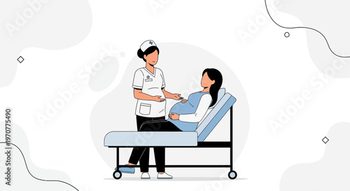 Nurse caring for pregnant woman in hospital bed, medical checkup, healthcare concept