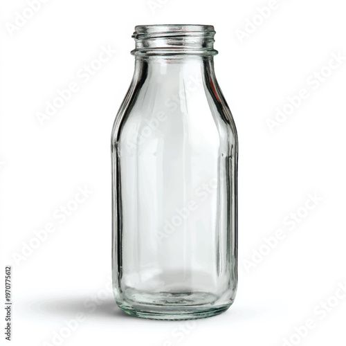 A clear glass bottle on a white background