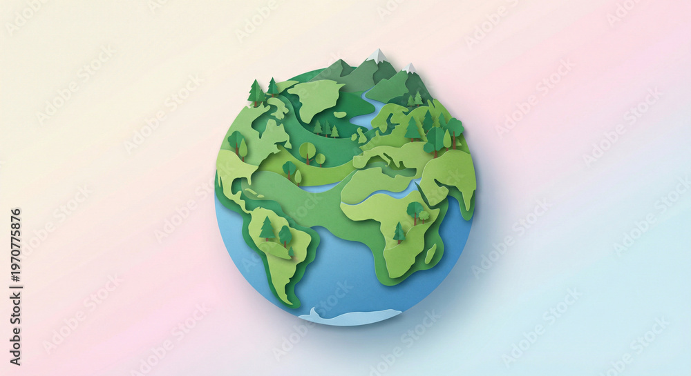 Fototapeta premium A vibrant, stylized 3D illustration of the Earth showcasing the continents with lush green forests, mountains, and rivers.