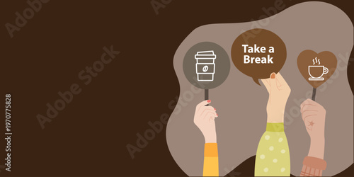 Take a break concept with hands holding coffee icons and speech bubble, promoting rest, relaxation, mental wellness, and work life balance.