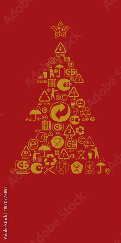 Eco Christmas Tree from Recycling Icons on Red Festive Background
