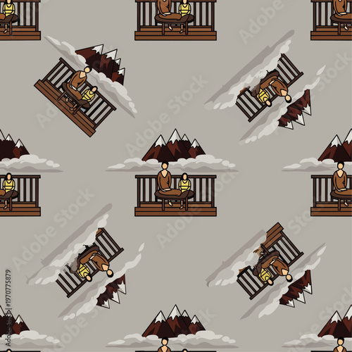 Seamless pattern featuring a person enjoying a peaceful mountain view from a cozy balcony, surrounded by clouds. Perfect for nature-themed designs and backgrounds.