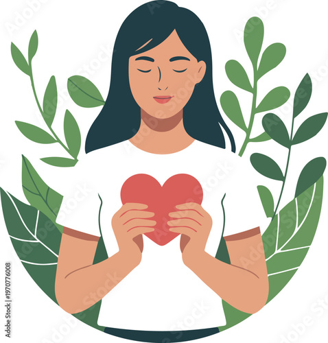 Woman holding heart symbol with eyes closed, self love mental health care concept flat vector illustration design