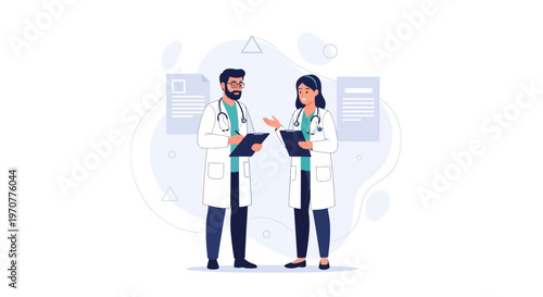 Two doctors in white coats discussing medical records, modern flat illustration