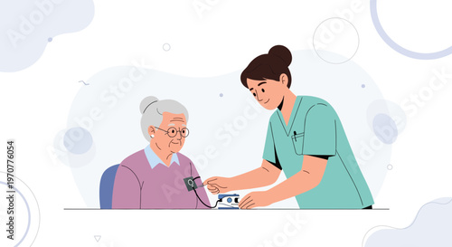 Nurse checking elderly woman's blood pressure, healthcare and medical checkup concept