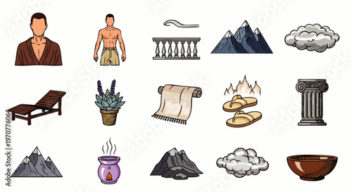 Vector icon set for spa, wellness, and relaxation concepts. Elements include mountains, clouds, aromatherapy, massage, and natural beauty for health.