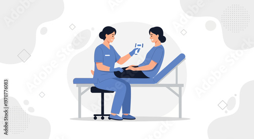 Nurse checking patient's temperature with thermometer in clinic, medical checkup