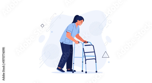 Nurse assisting elderly person with walker, healthcare concept