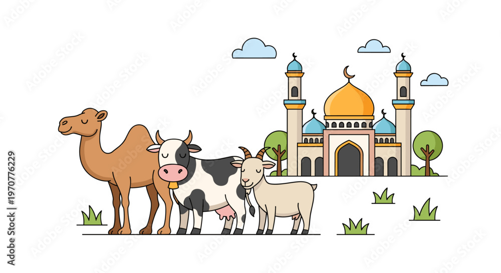 Naklejka premium Cute Outline Farm Animals Going to Mosque with Nature Elements