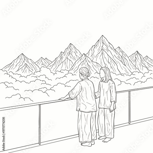 Two women admiring a breathtaking panoramic mountain view above the clouds, a serene and contemplative travel experience. Hand-drawn line art illustration.
