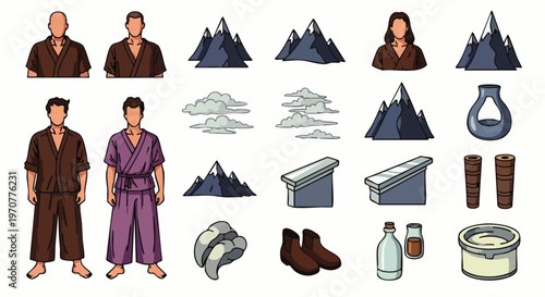 Collection of Japanese cultural elements: people in traditional clothing, mountains, and ritual objects for spiritual practices