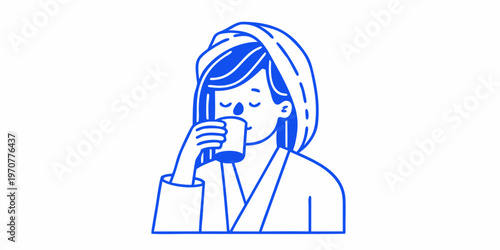 Woman with towel on head drinking from a cup line art style