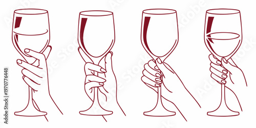 Four hands holding champagne flutes with red liquid line art style